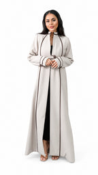 Beige Black Piped Buttoned Abaya on white background — view 1