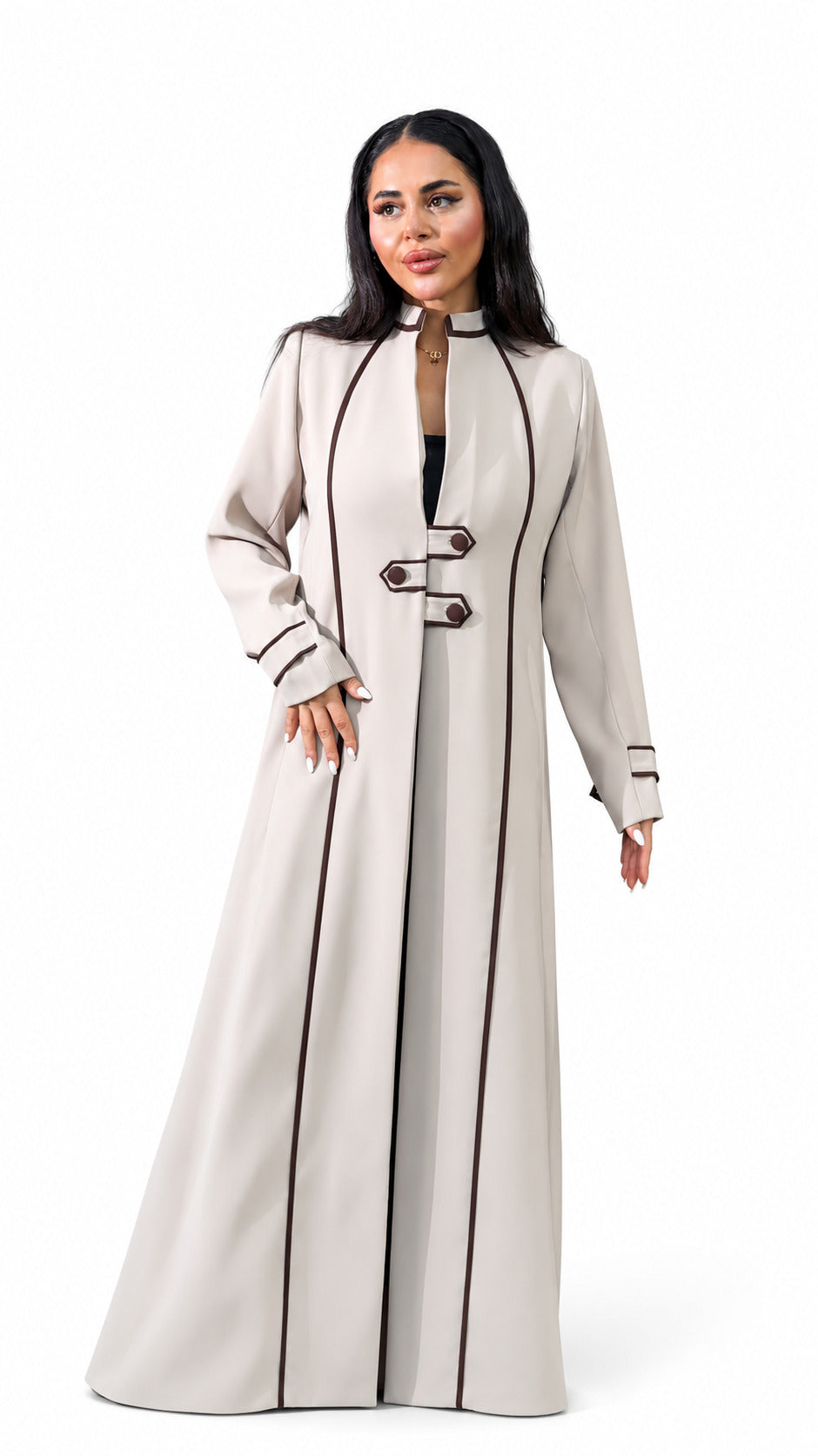 Beige Black Piped Buttoned Abaya on white background — view 2