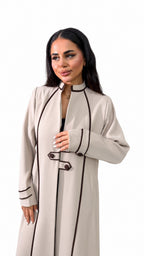 Beige Black Piped Buttoned Abaya on white background — view 3