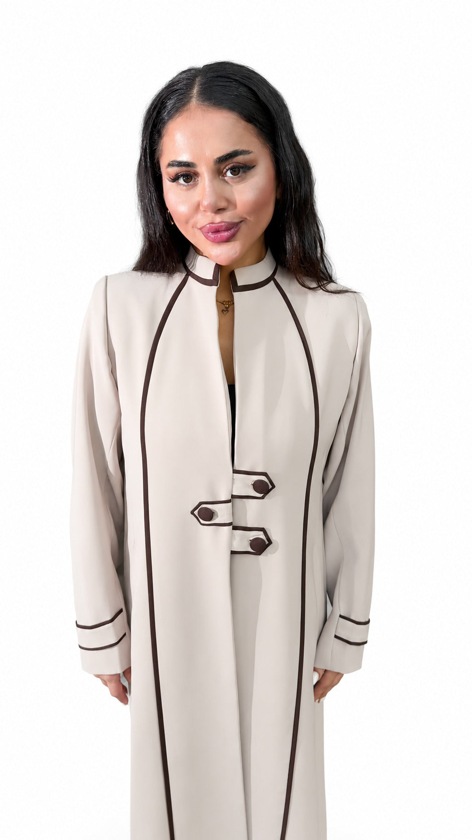 Beige Black Piped Buttoned Abaya on white background — view 5