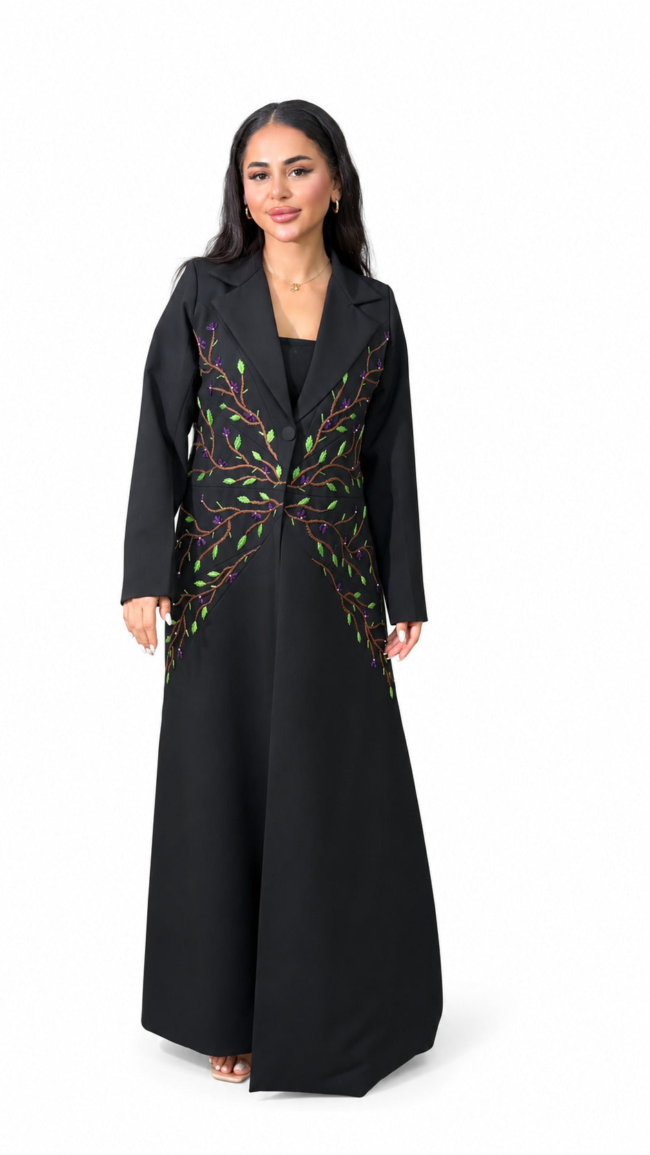 Floral Vine Embroidered Abaya on white background — view 1