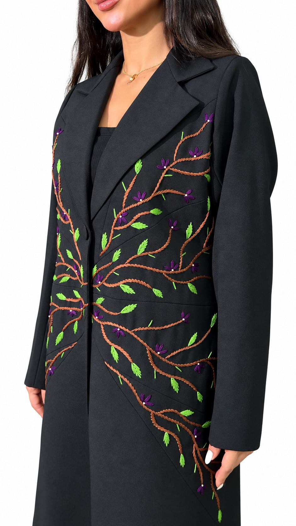 Floral Vine Embroidered Abaya on white background — view 4