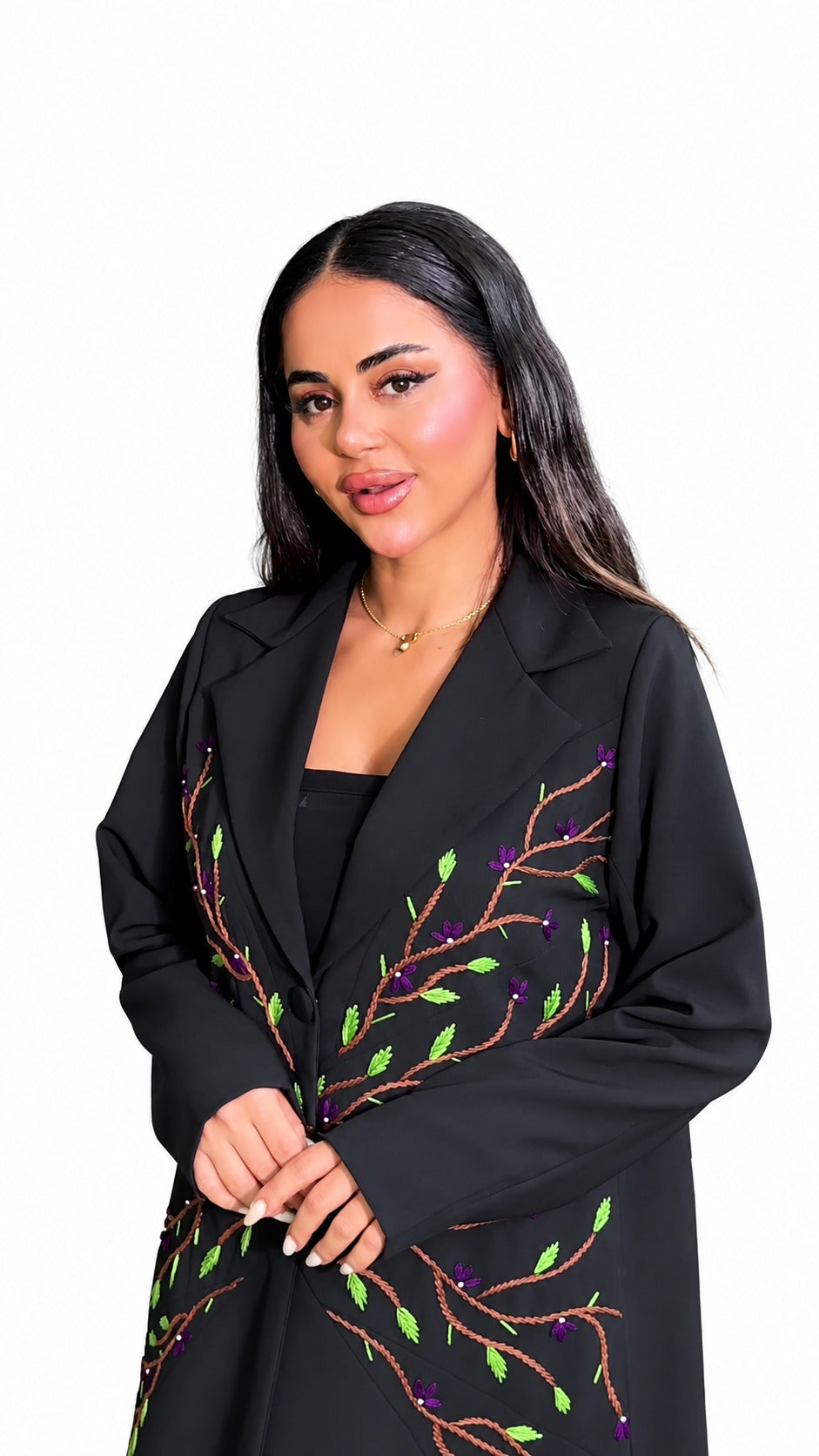 Floral Vine Embroidered Abaya on white background — view 6