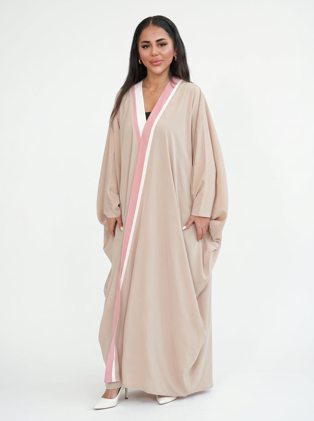 Beige Pink Trim Open Abaya
