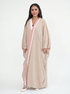 Beige Pink Trim Open Abaya