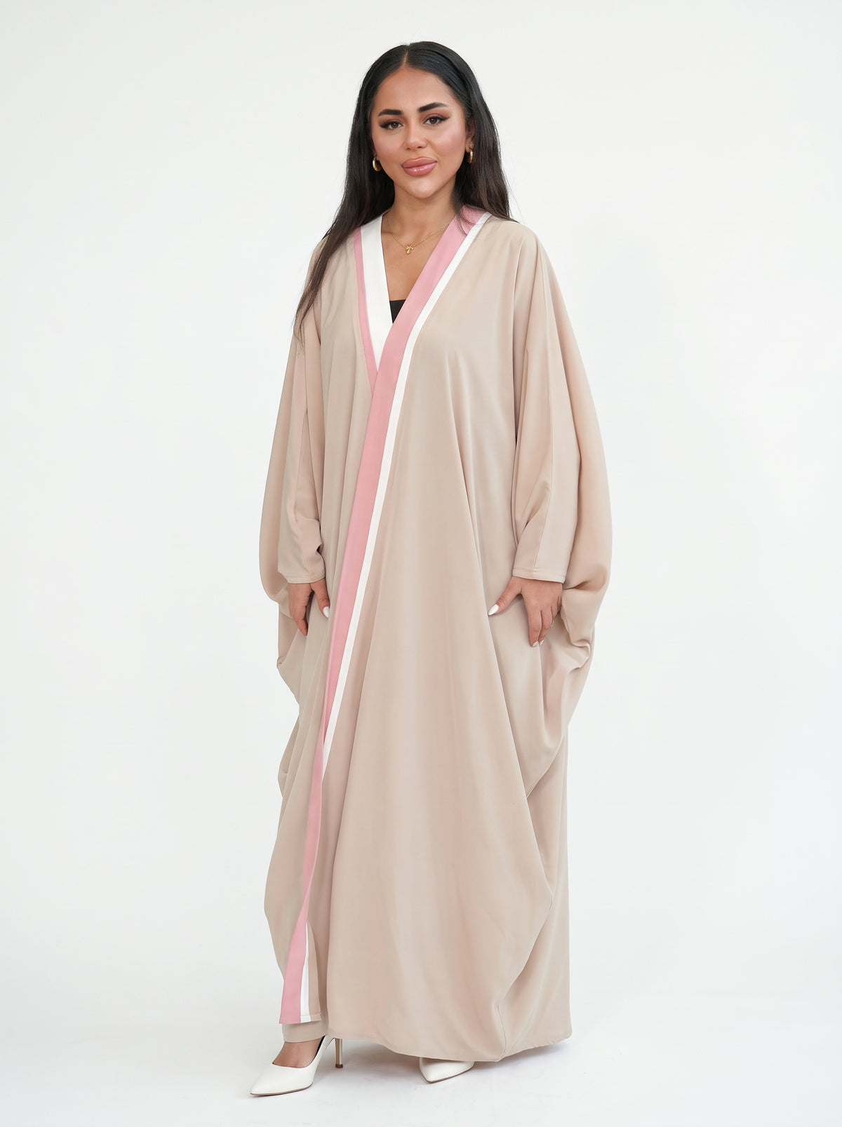 Beige Pink Trim Open Abaya