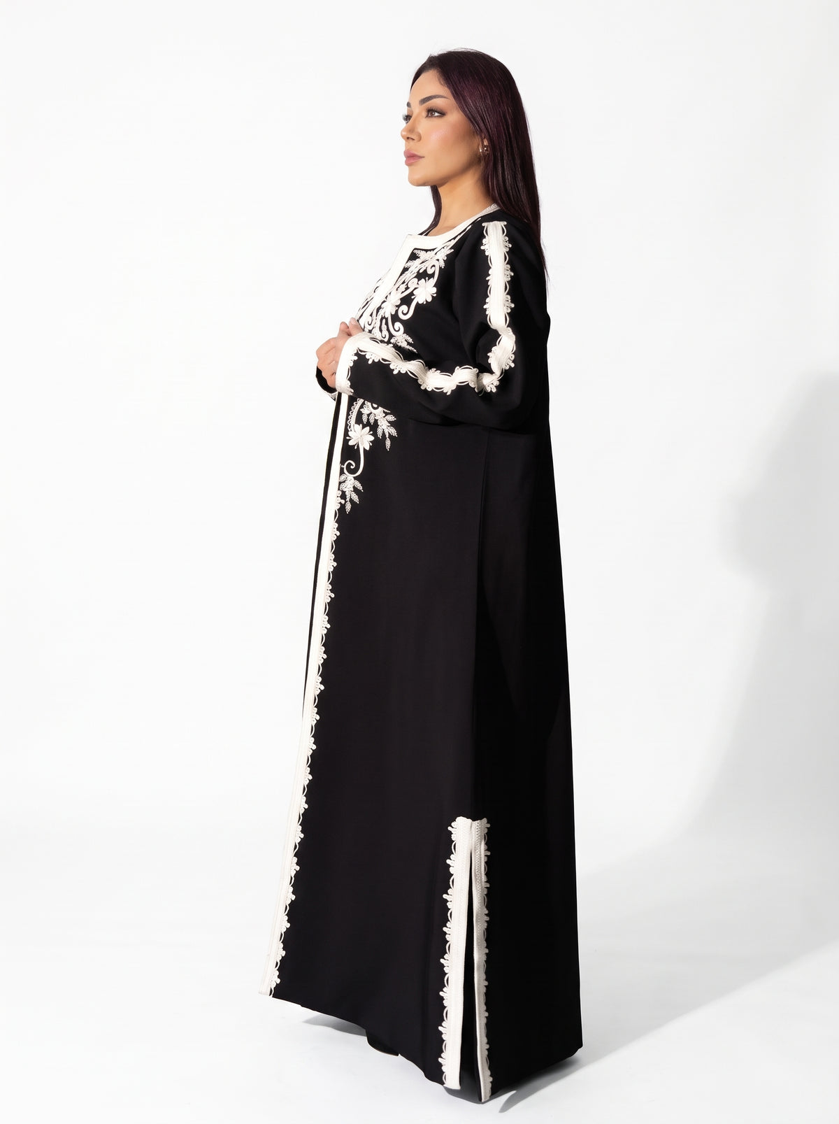 Black White Embroidered Panel Abaya