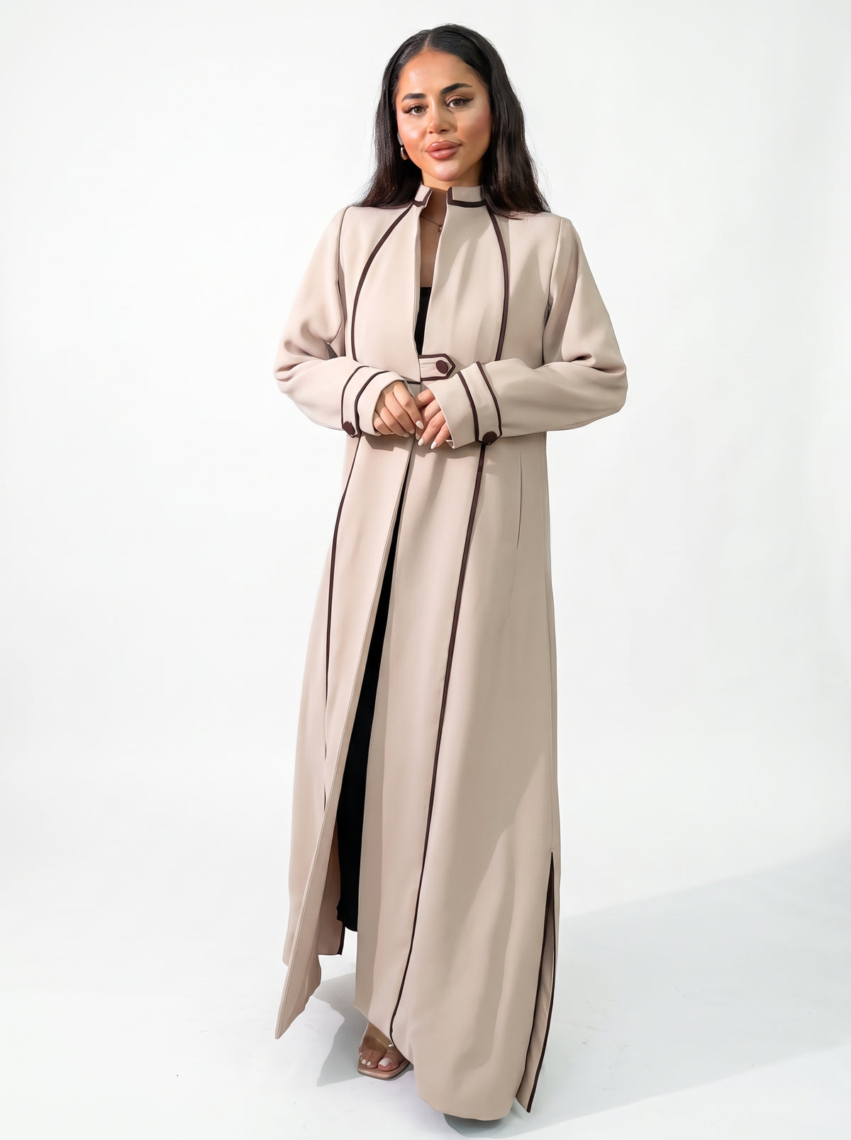 Beige Black Piped Buttoned Abaya