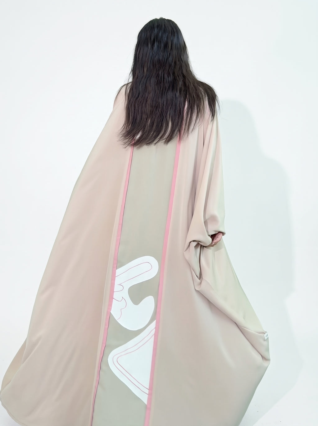 Beige Pink Trim Open Abaya