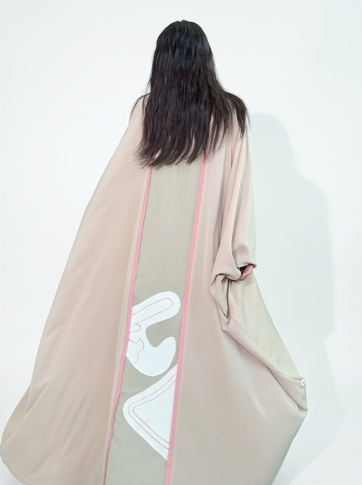 Beige Pink Trim Open Abaya