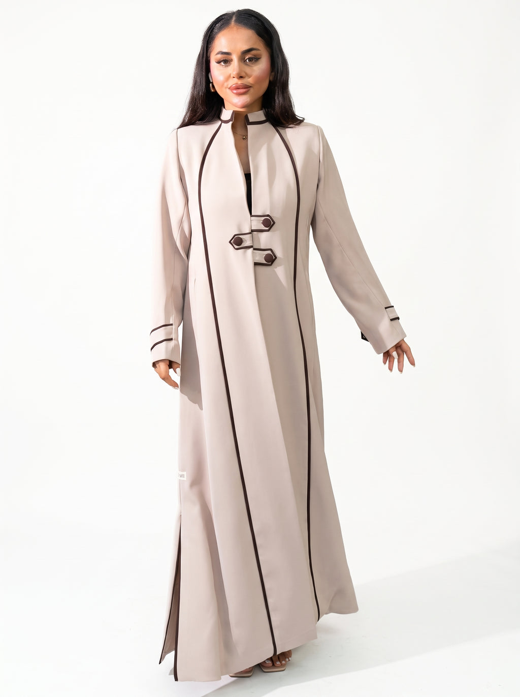 Beige Black Piped Buttoned Abaya