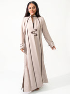 Beige Black Piped Buttoned Abaya