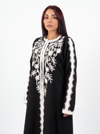 Black White Embroidered Panel Abaya