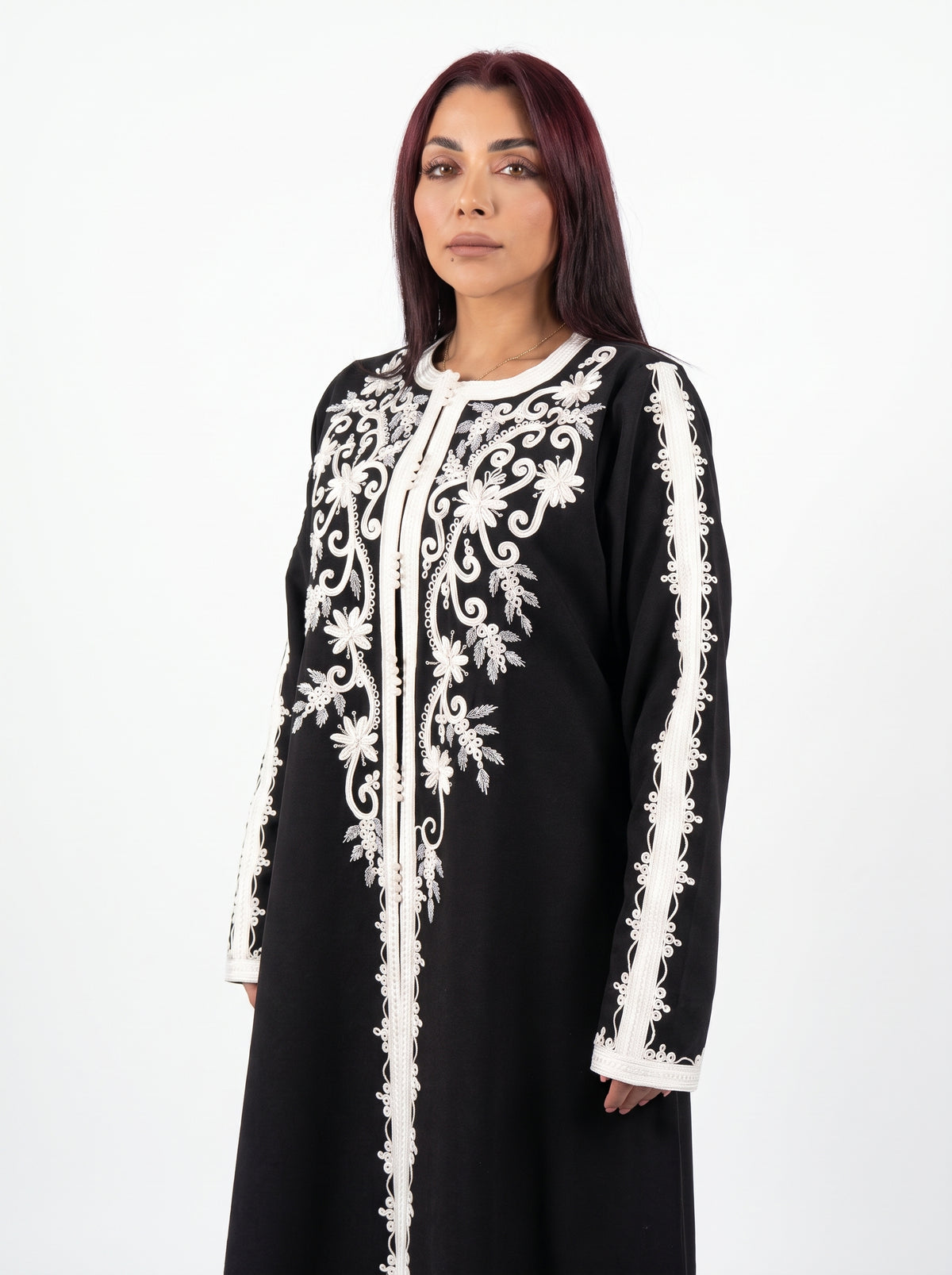 Black White Embroidered Panel Abaya