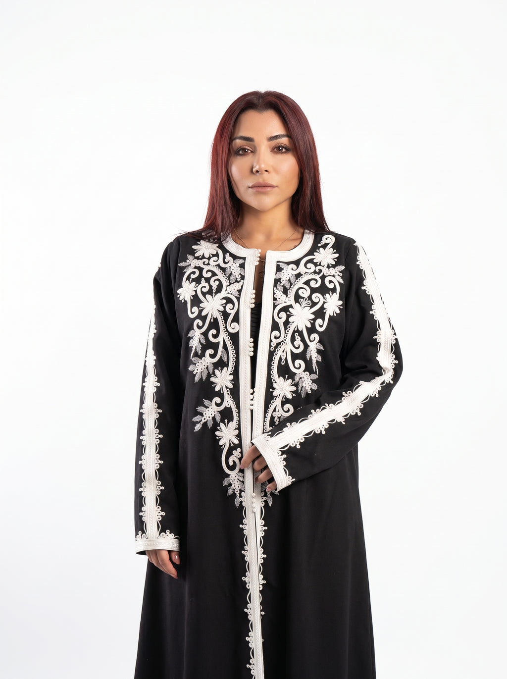 Black White Embroidered Panel Abaya