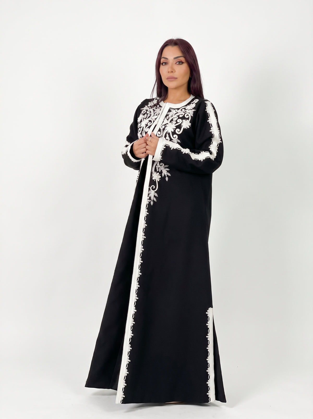 Black White Embroidered Panel Abaya