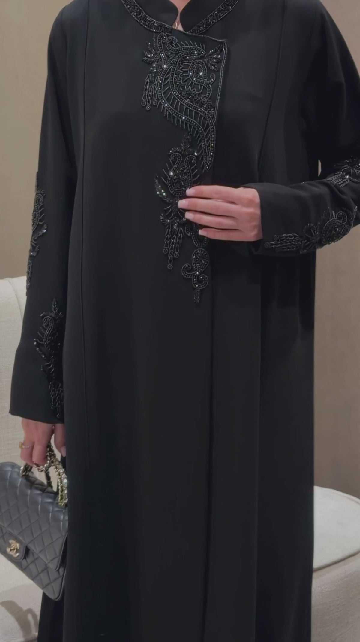 Black Tone on Tone Embroidered Abaya — garment video